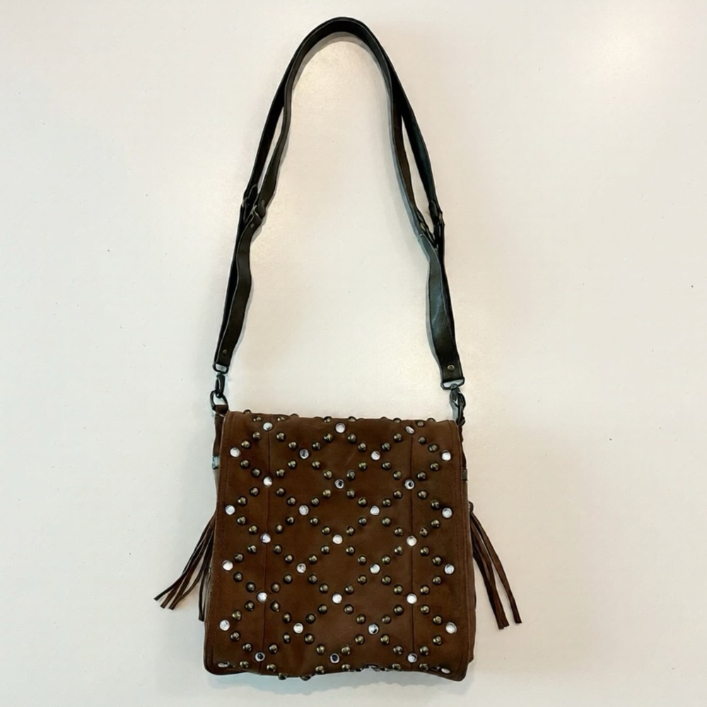 Steve Madden Studded Suede & Canvas Crossbody Bag with Rhinestones and Fringe